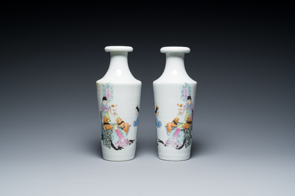 A pair of Chinese famille rose rouleau vases, Hongxian mark, Republic