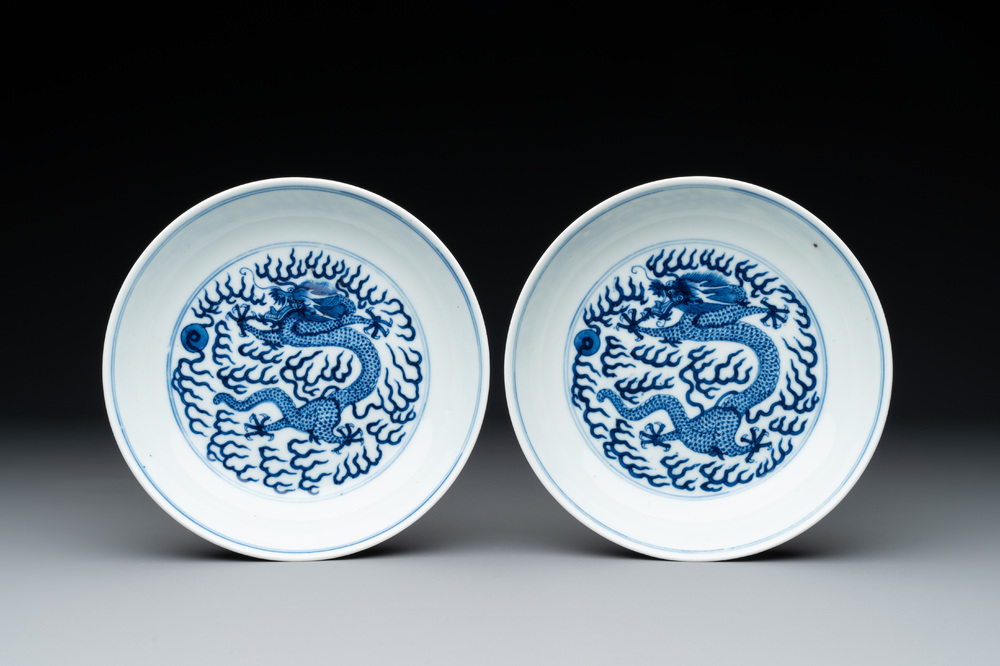 A pair of imperial Chinese blue and white 'dragon' plates, Guangxu mark and of the period