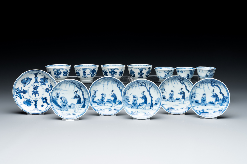 Seven Chinese blue and white cups and six saucers, Kangxi/Yongzheng
