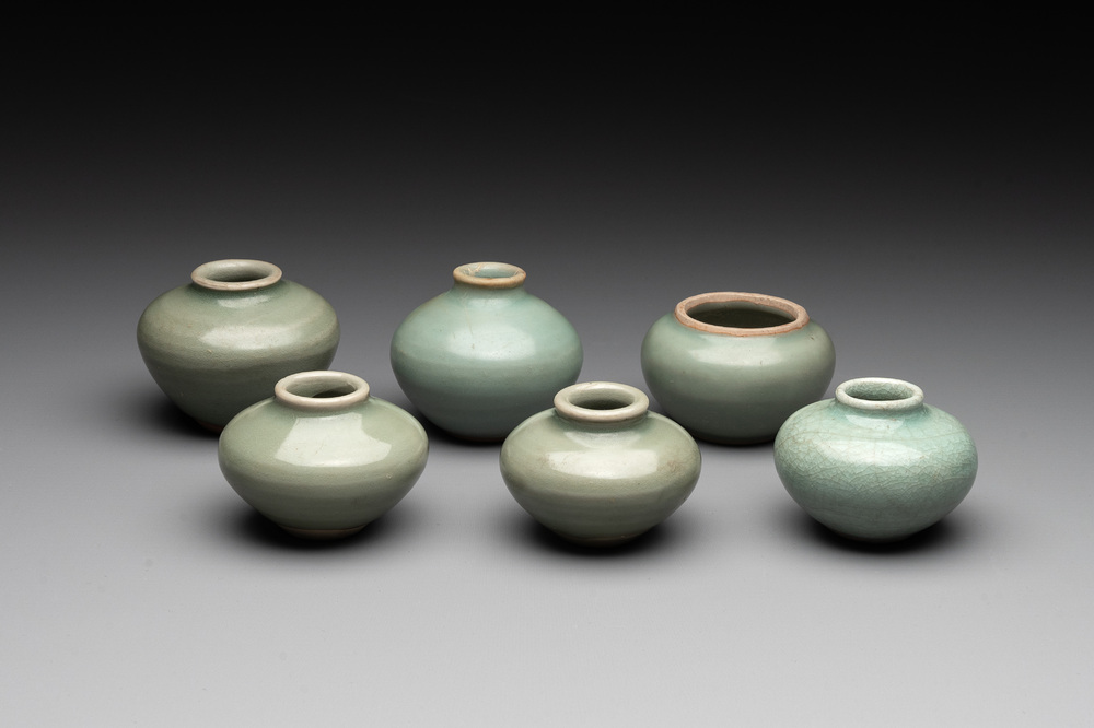 Six Chinese Longquan celadon jarlets, Yuan/Ming