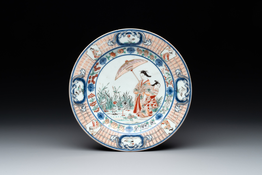 A Japanese Imari 'Parasol Ladies' plate after Cornelis Pronk, Edo, 18th C.
