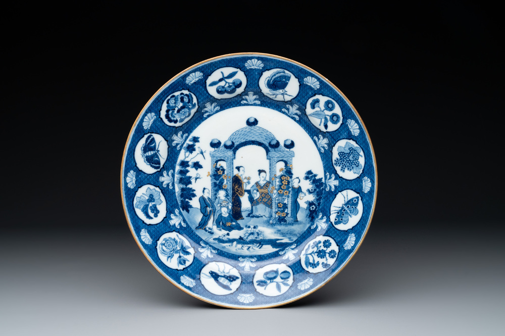 A Chinese blue and white 'arbour' dish after Cornelis Pronk, Qianlong