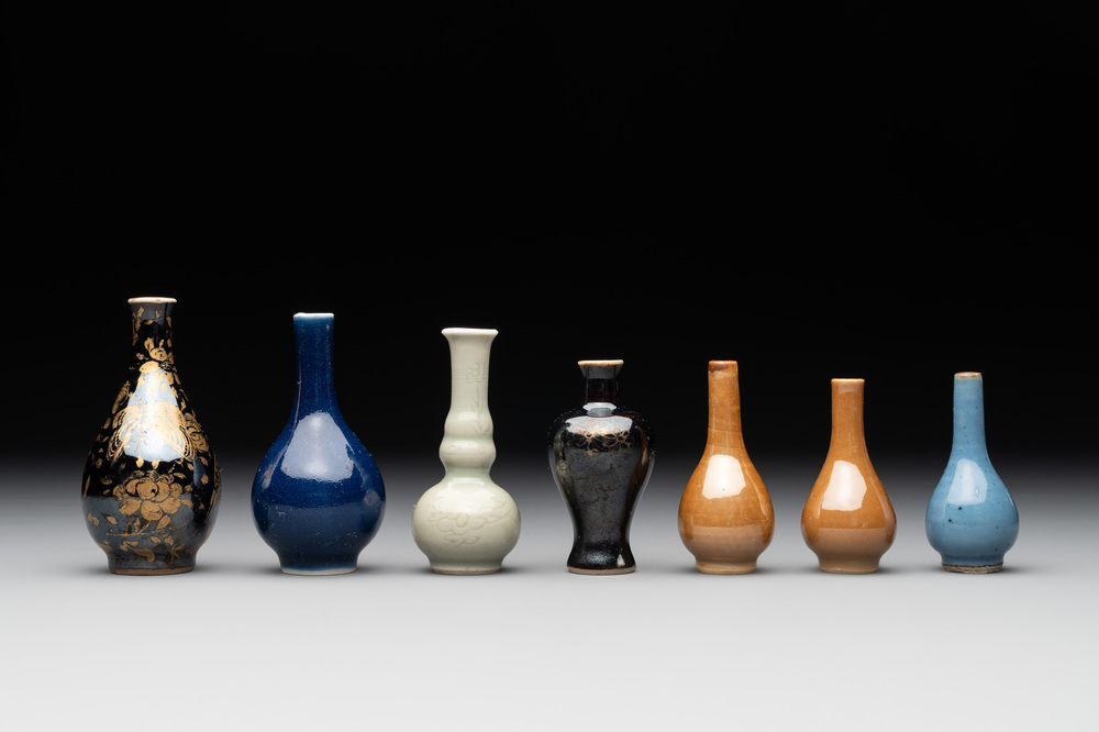 Seven various Chinese monochrome miniature vases, Kangxi/Qianlong