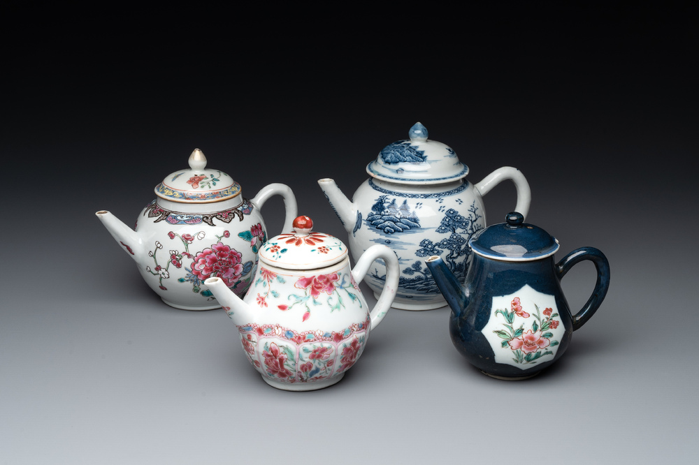 Four Chinese blue, white and famille rose teapots, Yongzheng/Qianlong