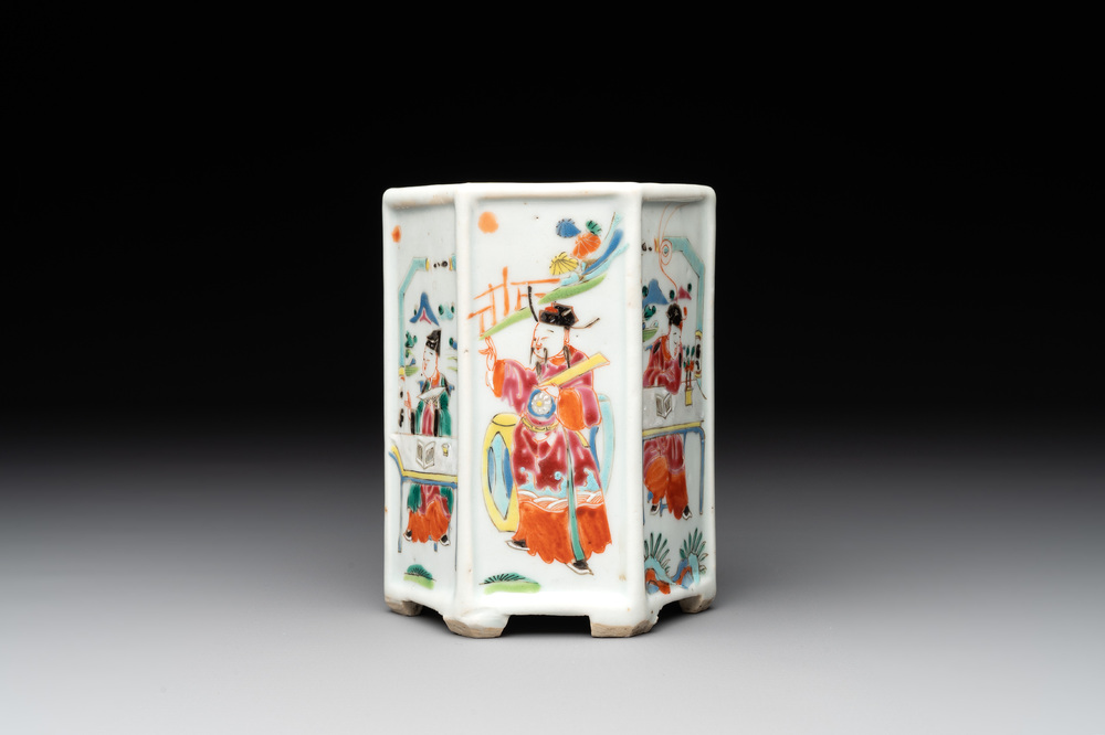 A Chinese hexagonal famille rose 'Du Zhan Ao Tou 獨占鰲頭' brush pot, Yongzheng