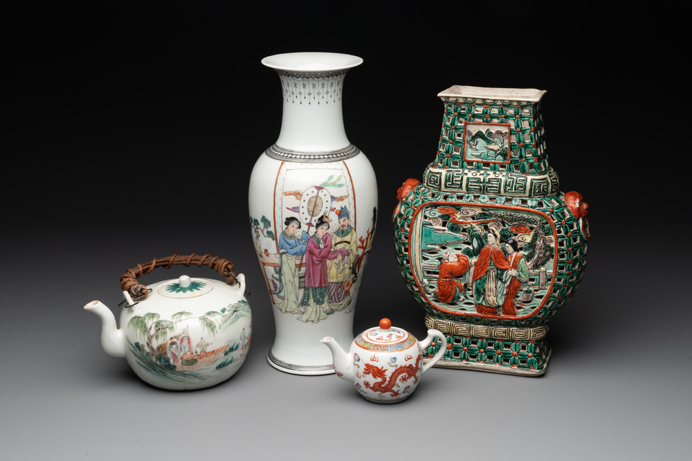 Four Chinese famille rose and verte wares, 19/20th C.