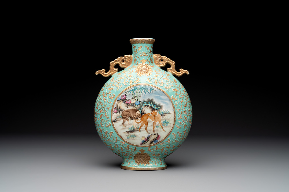 A Chinese gilt-decorated famille rose turquoise 'monkeys' and 'dogs' moon flask, Qianlong mark, 20th C.