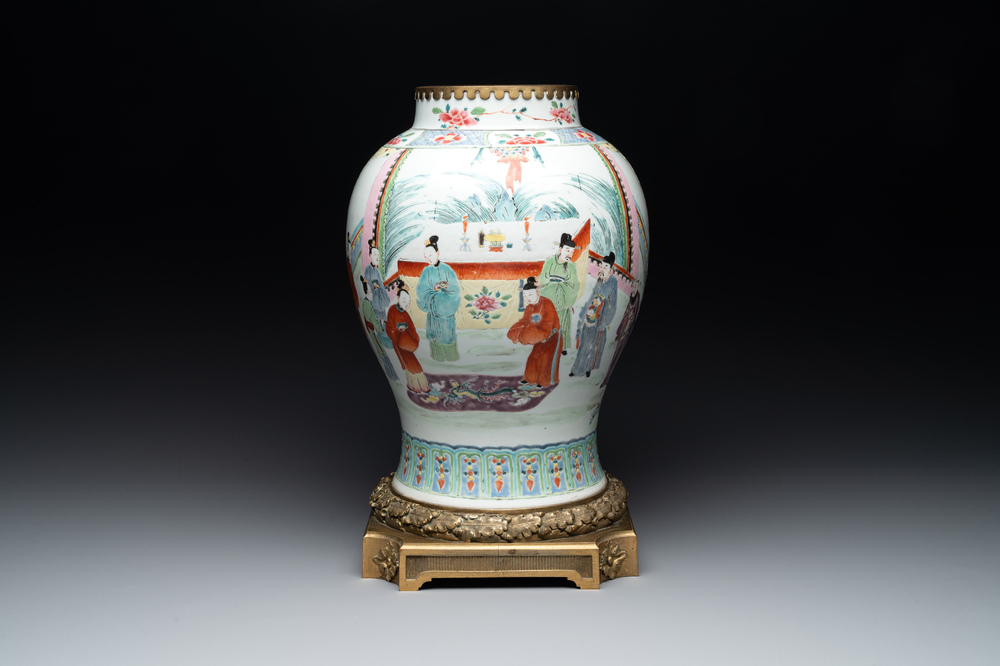 A Chinese famille rose gilt bronze mounted vase with figural design, Yongzheng