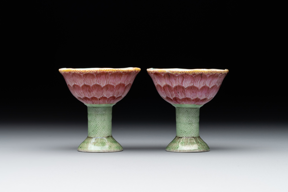 A pair of rare Chinese famille rose lotus-shaped stem cups, Yongzheng