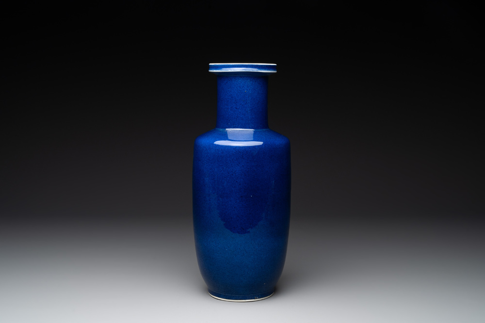 A Chinese monochrome powder blue rouleau vase, 19th C.