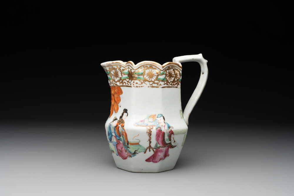 A Chinese gilt-decorated Canton famille rose ewer with figural design, 19th C.