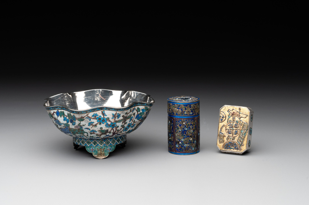 A Chinese enamelled silver bowl, a box and an opium container, 19th C.