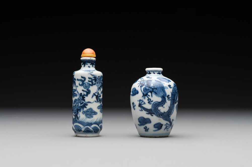 Two Chinese blue and white 'dragon' snuff bottles, Chenghua and Qianlong mark, 19th C.
