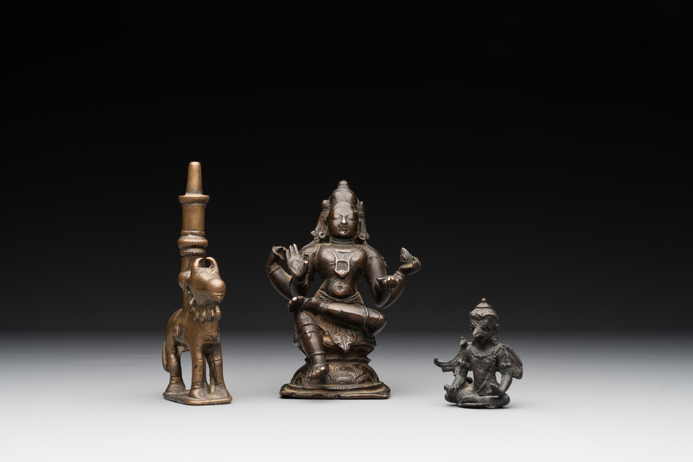 Two Indian bronze figures of Nandi and Shiva, and a South Asian bronze Garuda, 17th C. and later