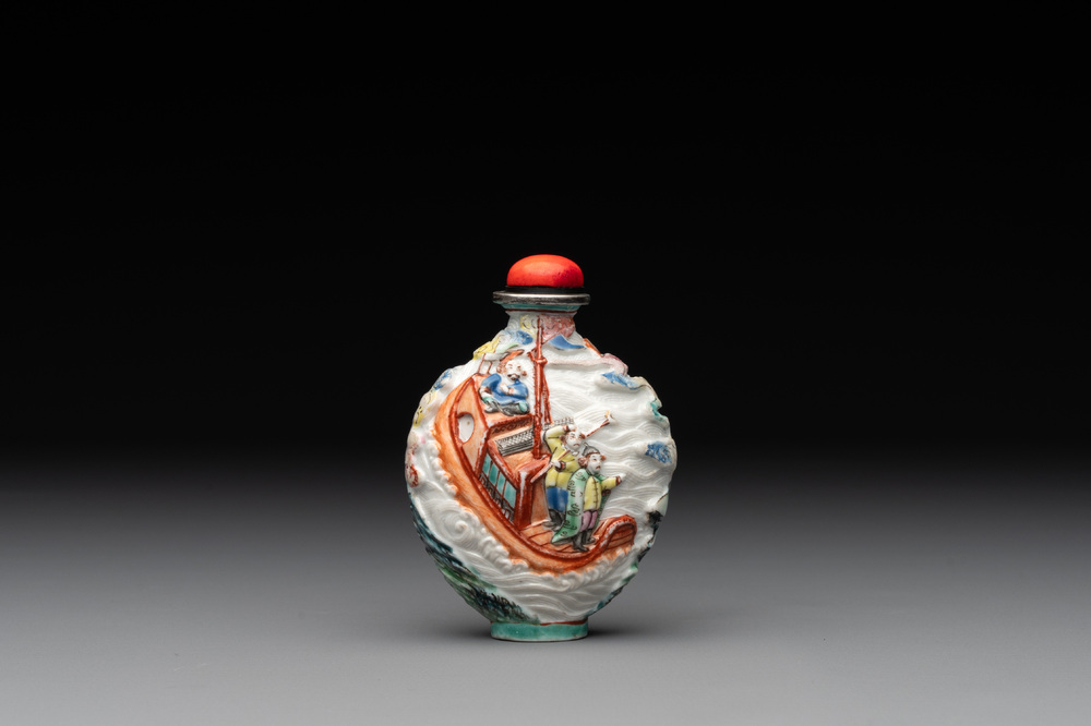 A Chinese famille rose relief-molded snuff bottle with narrative design, Xianfeng mark and of the period