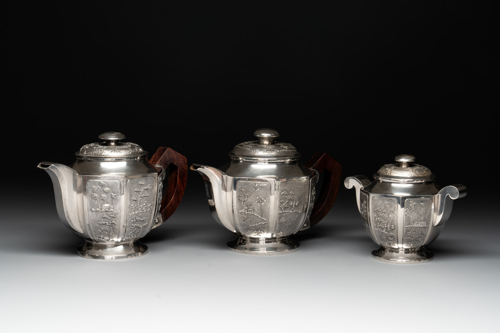 Two Vietnamese silver teapots and a sugar bowl and cover, marked Donghung, ca. 1900
