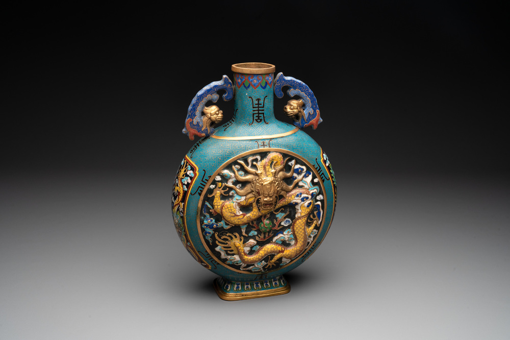 A Chinese cloisonn&eacute; 'dragon and phoenix' moonflask vase, 'bianhu', 19/20th C
