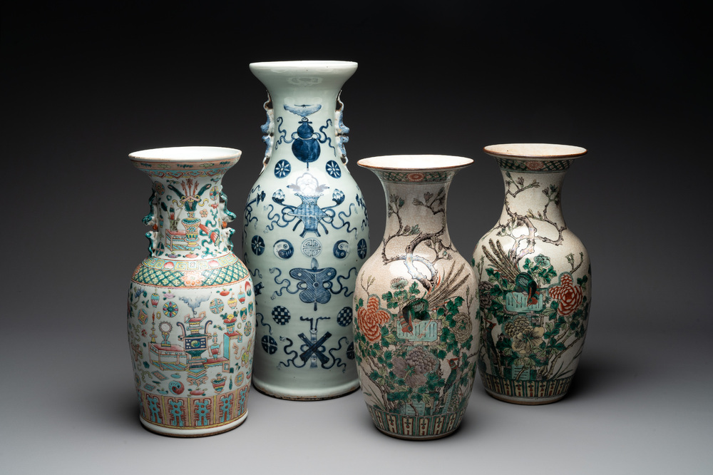 A pair of Chinese Nanking famille verte crackle-glazed vases, a famille rose vase and a celadon-ground blue and white vase, Chenghua mark, 19th C.