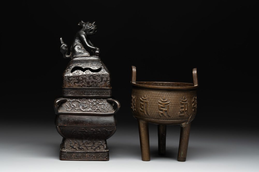 A Chinese bronze covered censer and a tripod censer, Ming/Qing