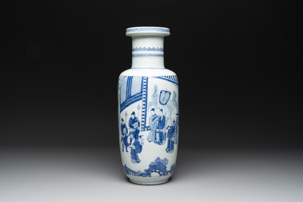A Chinese blue and white rouleau vase with narrative design, Kangxi