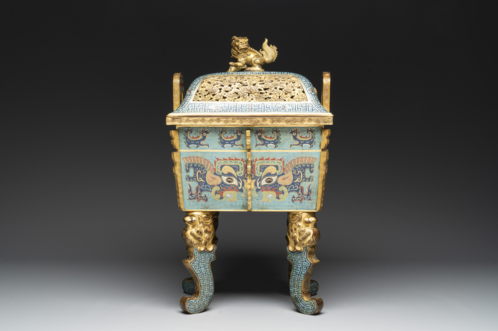 An exceptional Chinese cloisonn&eacute; &lsquo;Taotie&rsquo; censer and cover, 'fang ding 方鼎', Qianlong
