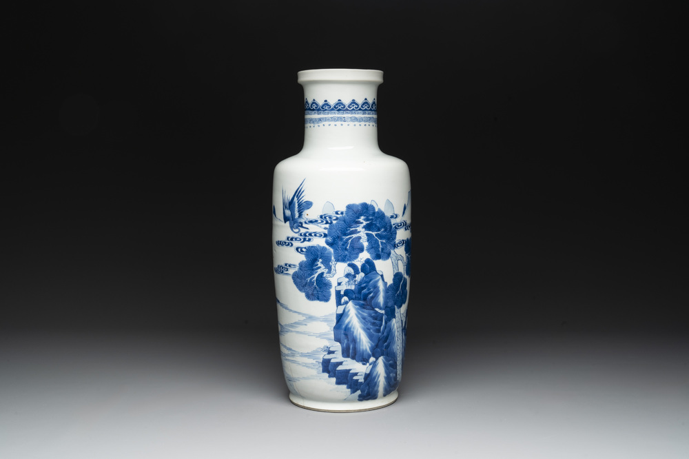 A Chinese blue and white 'deer and crane' rouleau vase, Kangxi
