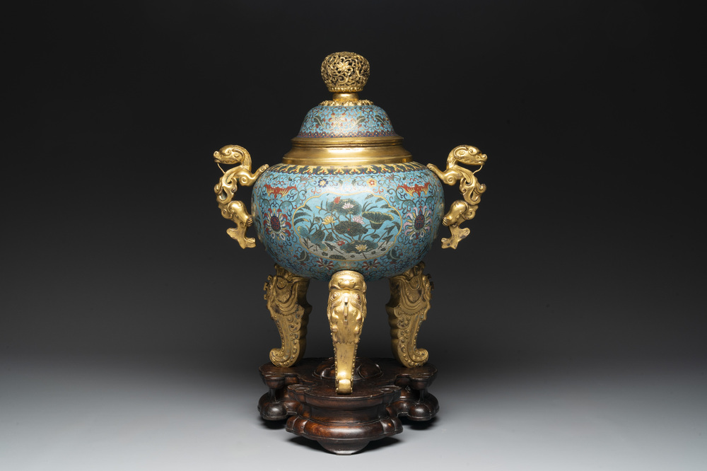 An impressive Chinese cloisonn&eacute; 'dragon' censer and cover on wooden stand, Qianlong mark and of the period