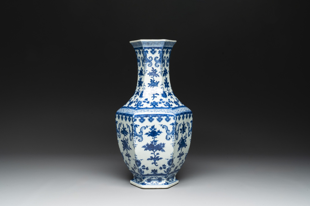 A Chinese blue and white hexagonal 'sanduo' vase, Qianlong mark and of the period