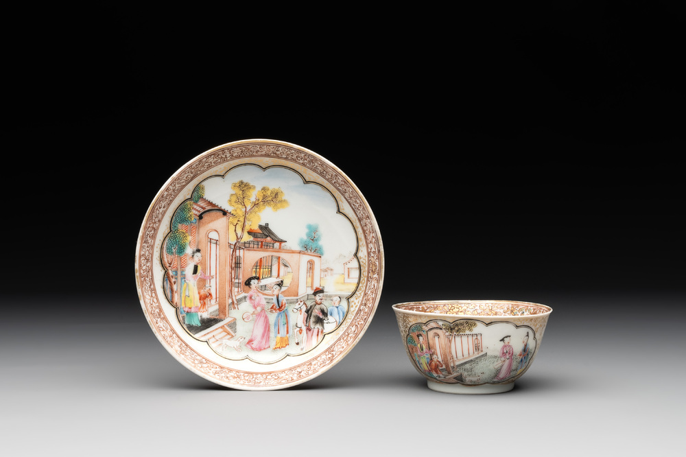 A fine Chinese Canton famille rose 'mandarin subject' cup and saucer, Qianlong
