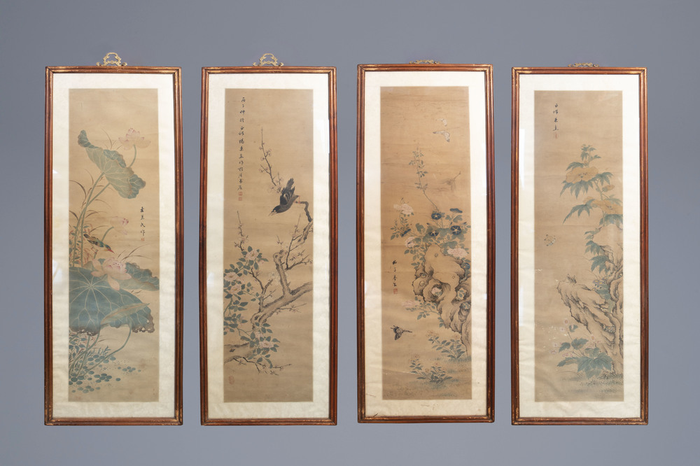 Chinese school: 'Four works with birds and insects near blossoming branches', ink and colour on paper, Republic