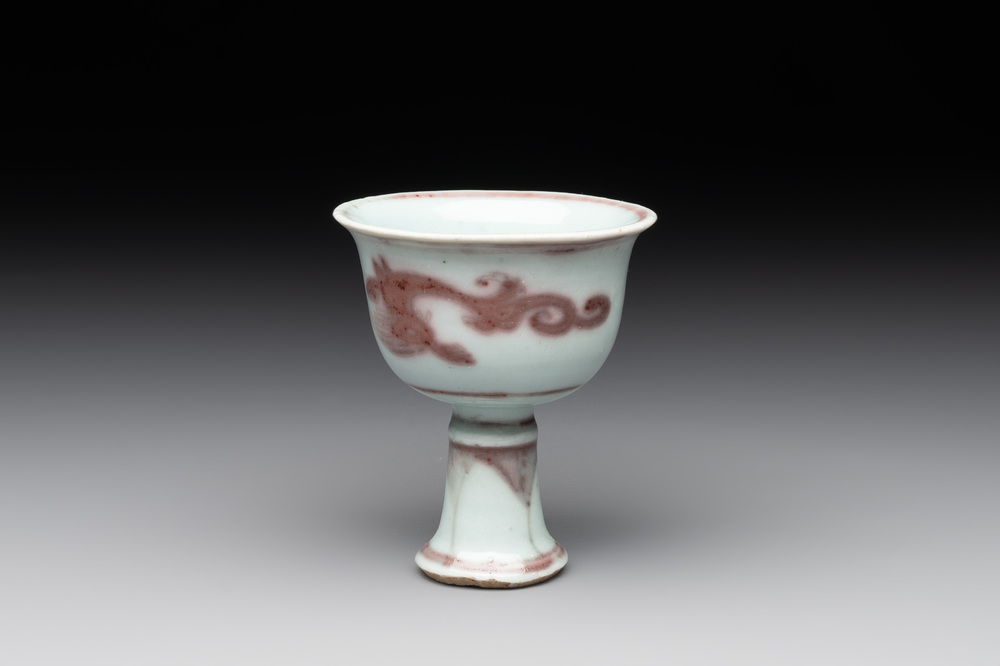 A Chinese copper-red and white 'chilong' stem cup, Ming