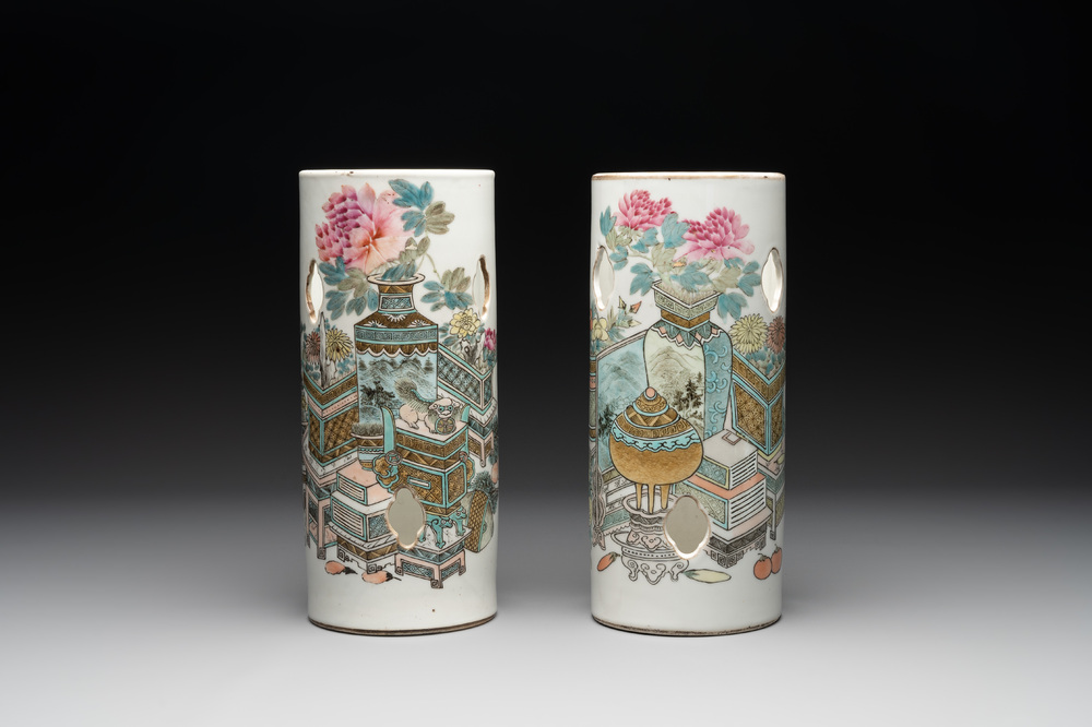 Two Chinese qianjiang cai 'antiquities' hat stands, signed Xu Pinheng 許品衡, Guangxu mark, dated 1892 and 1894