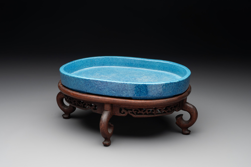 A Chinese robin's egg-glazed narcissus basin with a wooden stand, 19th C.
