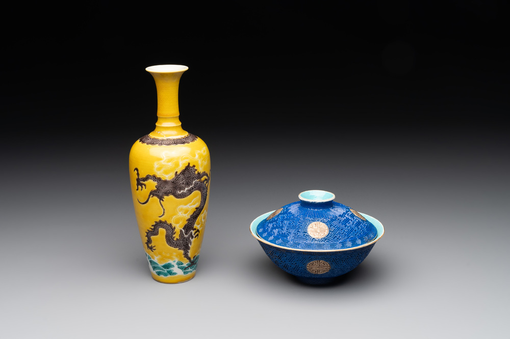 A Chinese sancai 'dragon' vase and a blue- and turquoise-glazed 'shou' bowl and cover, 19/20th C.