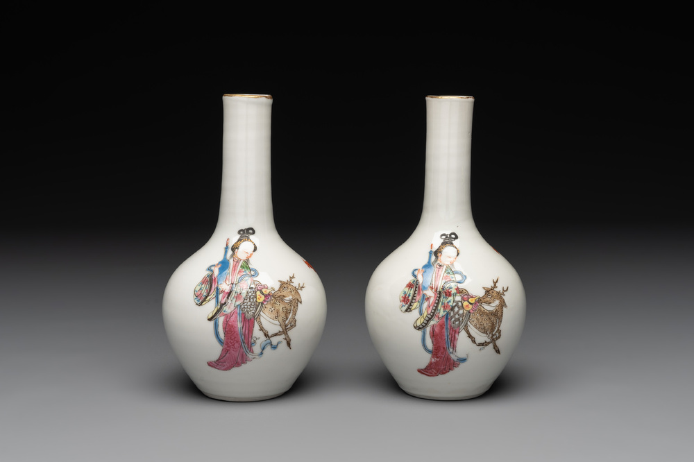 A pair of Chinese famille rose 'Lan Caihe' bottle vases, 19th C.