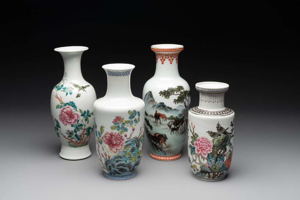 Four various Chinese famille rose vases, Qianlong mark, 20th C.