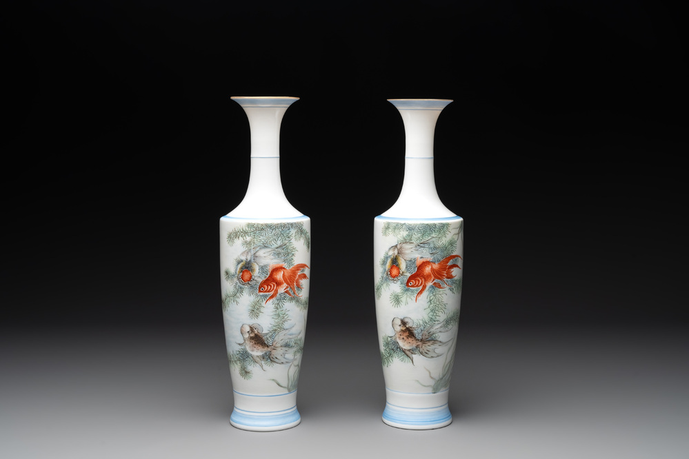 A pair of Chinese famille rose eggshell 'goldfish' vases, 20th C.