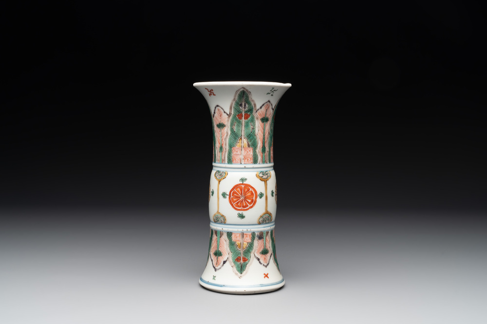 A Chinese famille verte 'gu' vase with stylised floral design, Kangxi