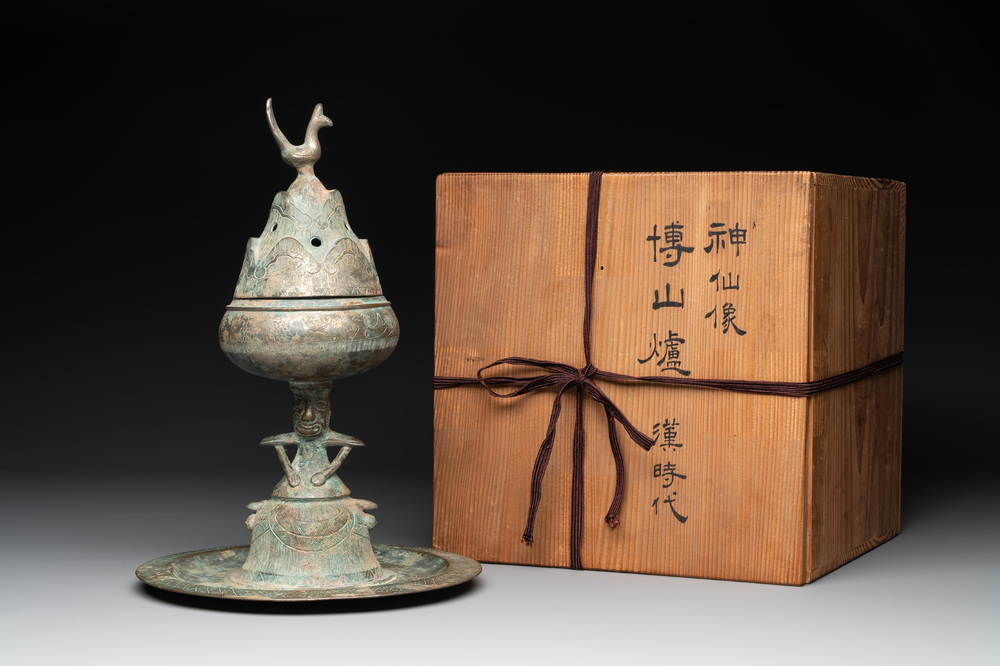 A Chinese bronze 'immortal' 'boshanlu' censer and cover with a tomobako, Western Han