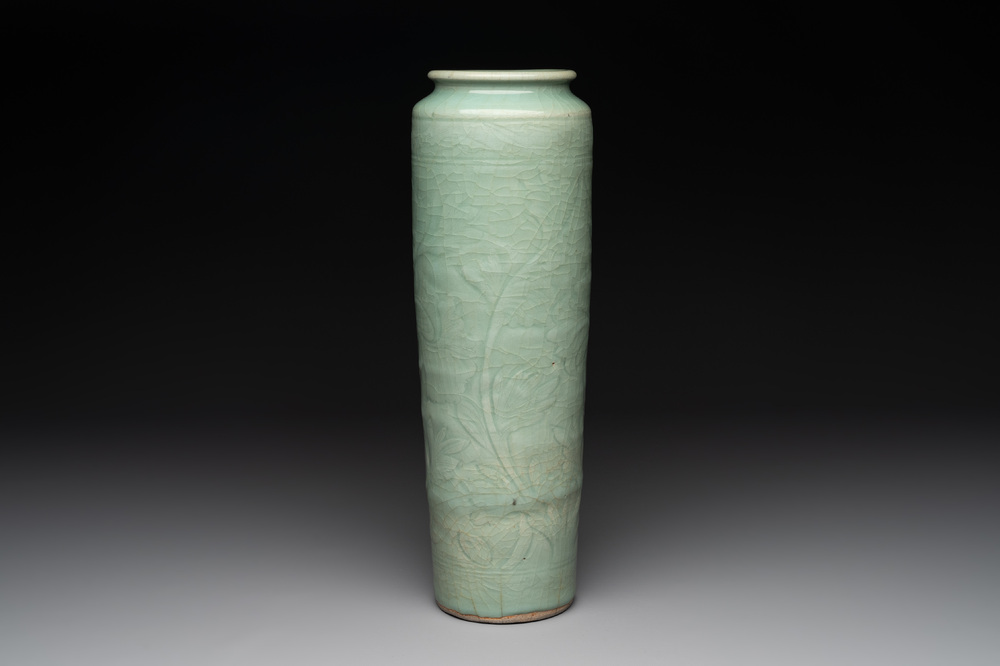 A Chinese Longquan celadon cylindrical vase with incised floral design, Ming