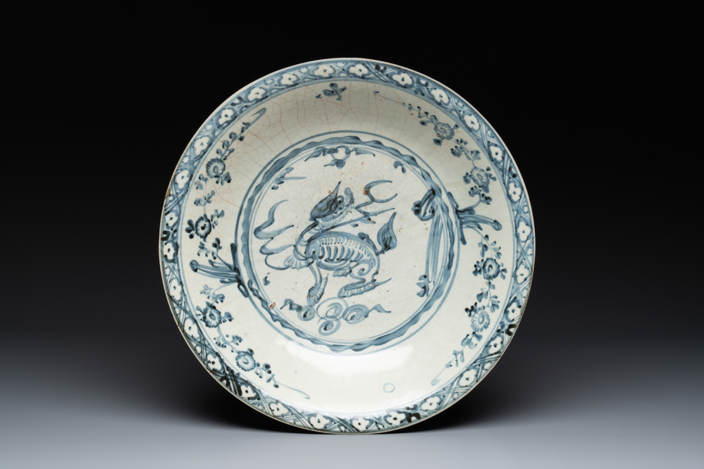 A Chinese Swatow blue and white 'kylin' dish, Ming