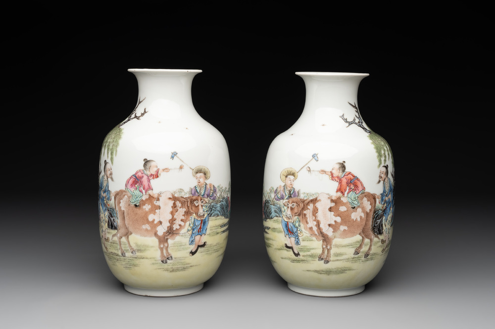 A pair of Chinese famille rose lantern-shaped vases with figures and cows, Qianlong mark, Republic