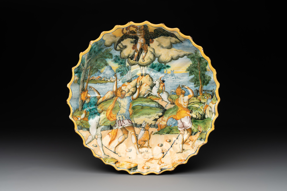 An Italian maiolica istoriato crespina with the Abduction of Ganymede, probably Rimini, ca. 1570