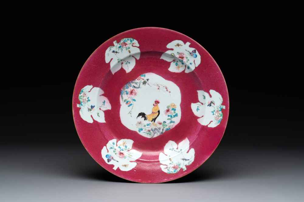 A Chinese famille rose ruby-ground 'rooster' dish, Yongzheng