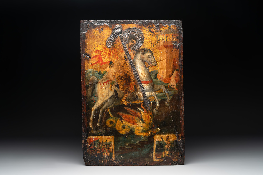 A silver-adorned icon of St. George slaying the dragon, Greece, probably 17th C.