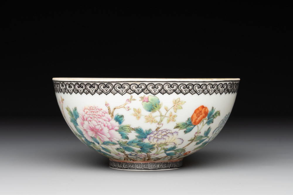 A Chinese famille rose eggshell 'peonies' bowl, Qianlong mark, 20th C.