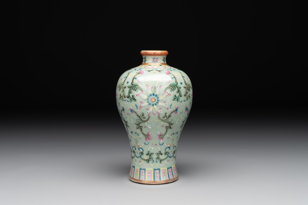 A Chinese celadon-ground famille rose 'meiping' 'flower scroll' vase, Qianlong mark and of the period