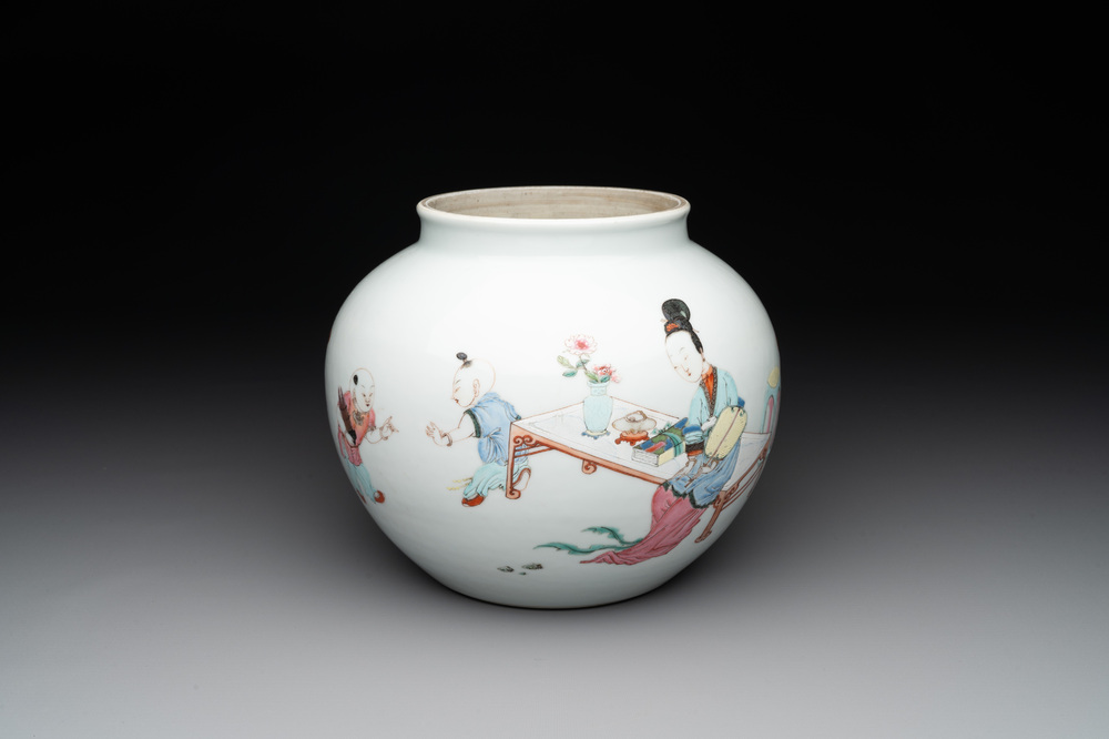 An extremely rare Chinese famille rose globular 'lady and boys' jar, Yongzheng