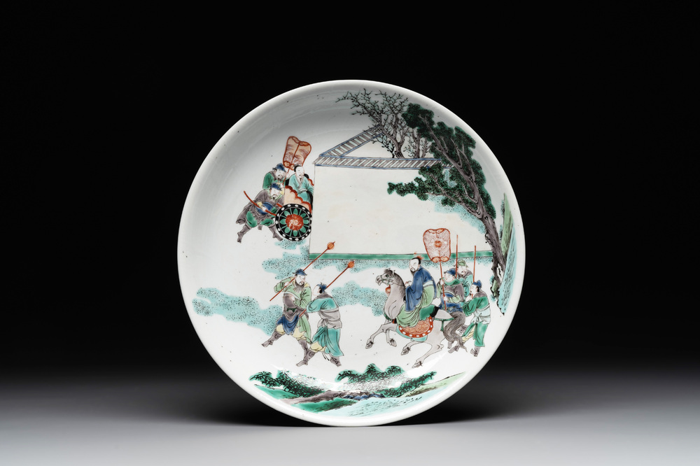 A Chinese famille verte dish with narrative design, lingzhi mark, Kangxi