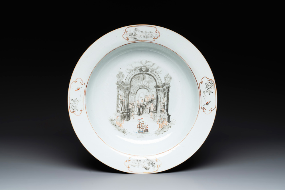 An extremely rare and large Chinese export porcelain European subject grisaille and gilt decorated 'marriage' basin, Qianlong, ca. 1750